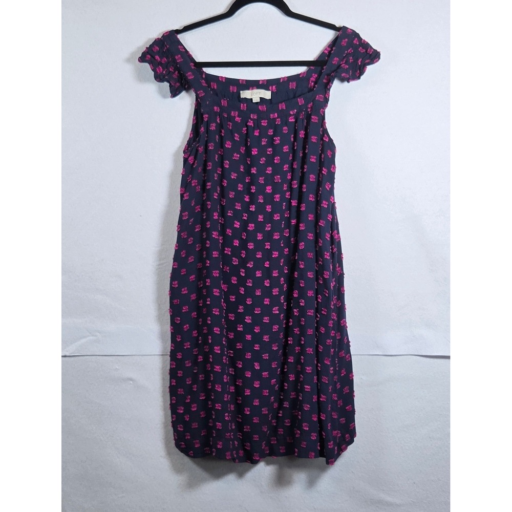 LOFT Navy Hot Pink Textured Clipped Jacquard Flutter Sleeve Shift Dress Size M